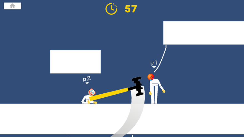 Two player characters engage in a hammer battle against a blue background, with 57 seconds left on the timer.